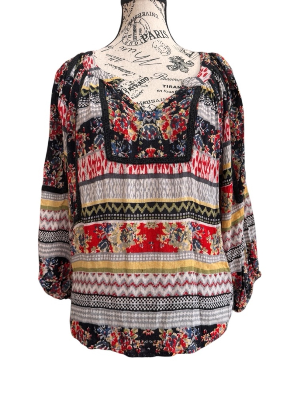 Angie Multicolor Floral Stripe Peasant Tunic - Red, Black, Yellow